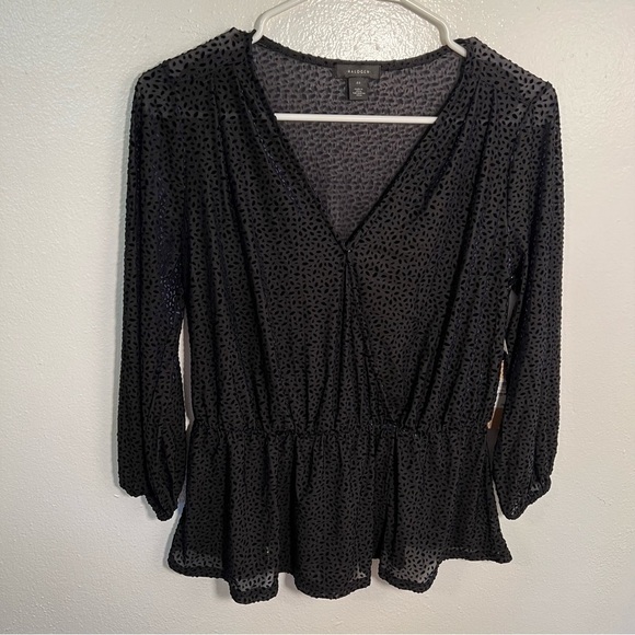 Halogen Flocked 3/4 Sleeve Peplum Top Navy Oval - Picture 6 of 16